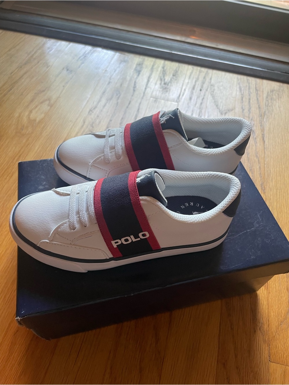 NWT Polo Ralph Lauren Kids Theron White Navy Red Slip On sneakers Kids 12